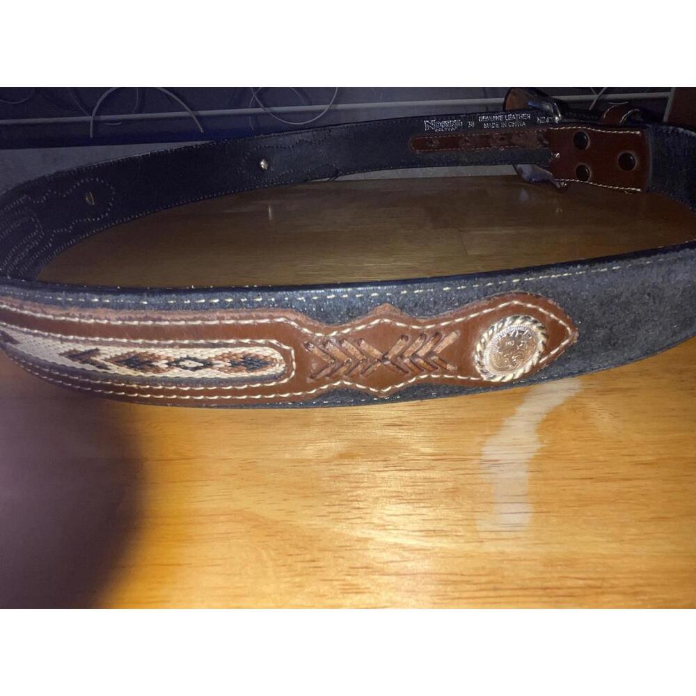 Nocona Belt Co Size 38 Genuine Leather Silver Buckle Southwestern Concho Brown - Picture 5 of 7